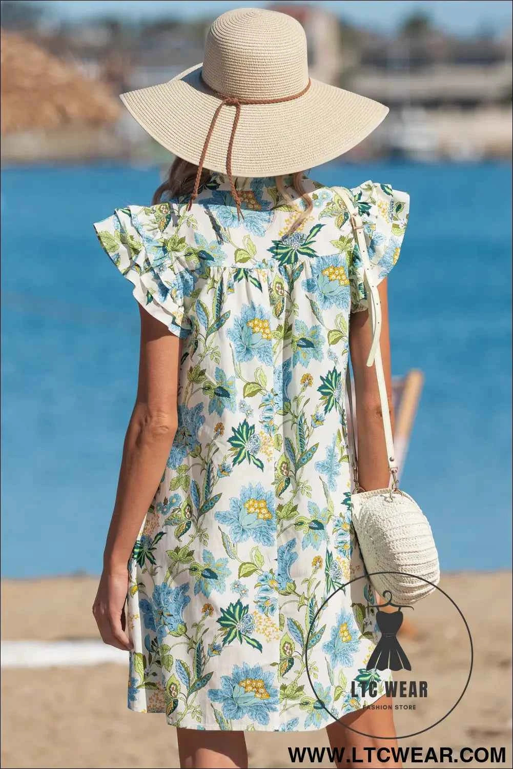 Beige Floral Print V Neck Triple Ruffle Short Sleeve Shift Mini Dress