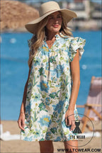 Beige Floral Print V Neck Triple Ruffle Short Sleeve Shift Mini Dress