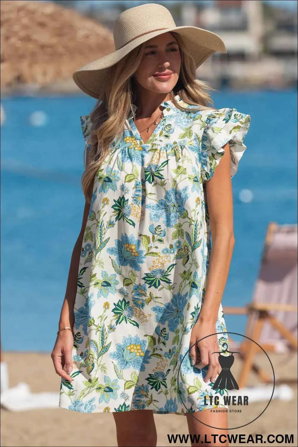 Beige Floral Print V Neck Triple Ruffle Short Sleeve Shift Mini Dress