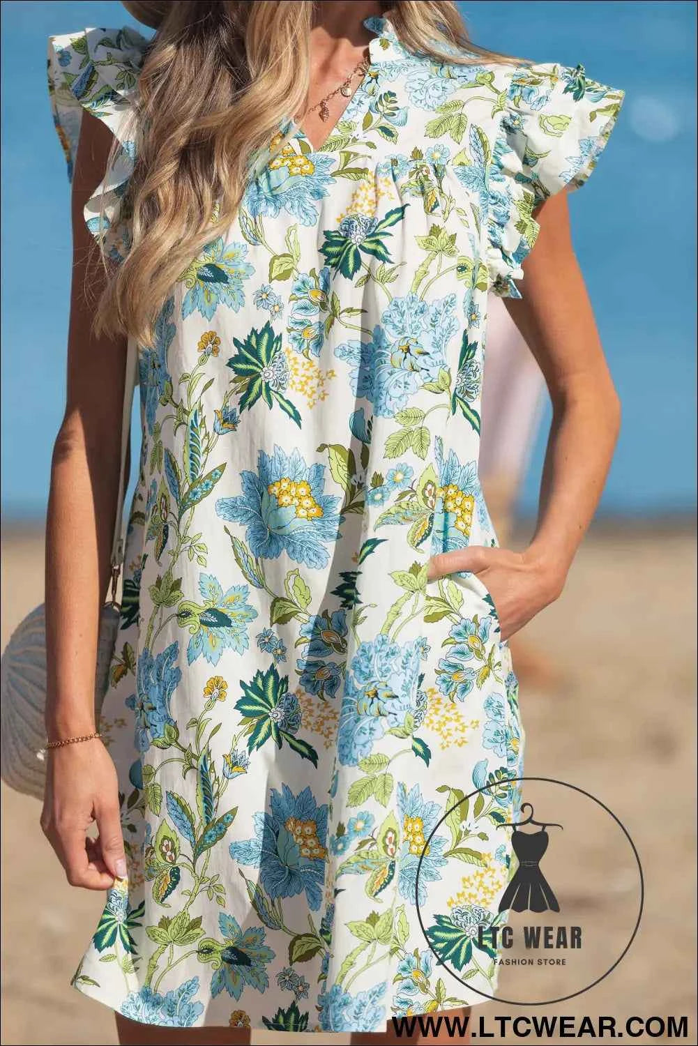 Beige Floral Print V Neck Triple Ruffle Short Sleeve Shift Mini Dress