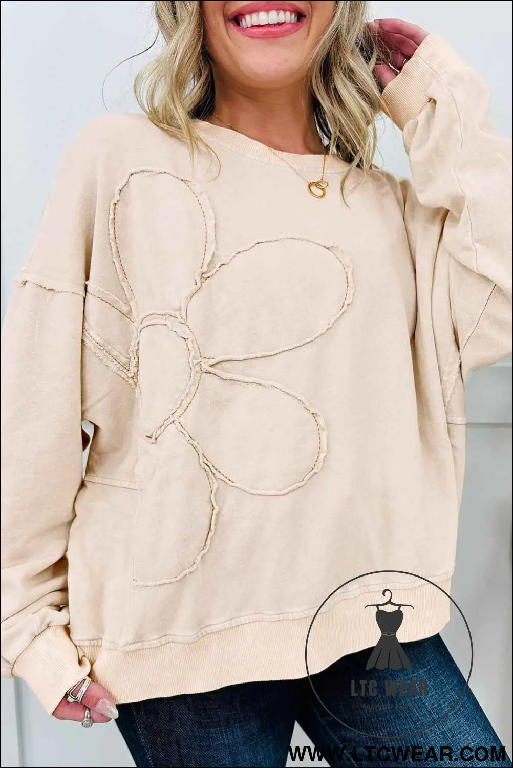 Beige Flower Pattern Round Neck Long Sleeve Plus Size Top