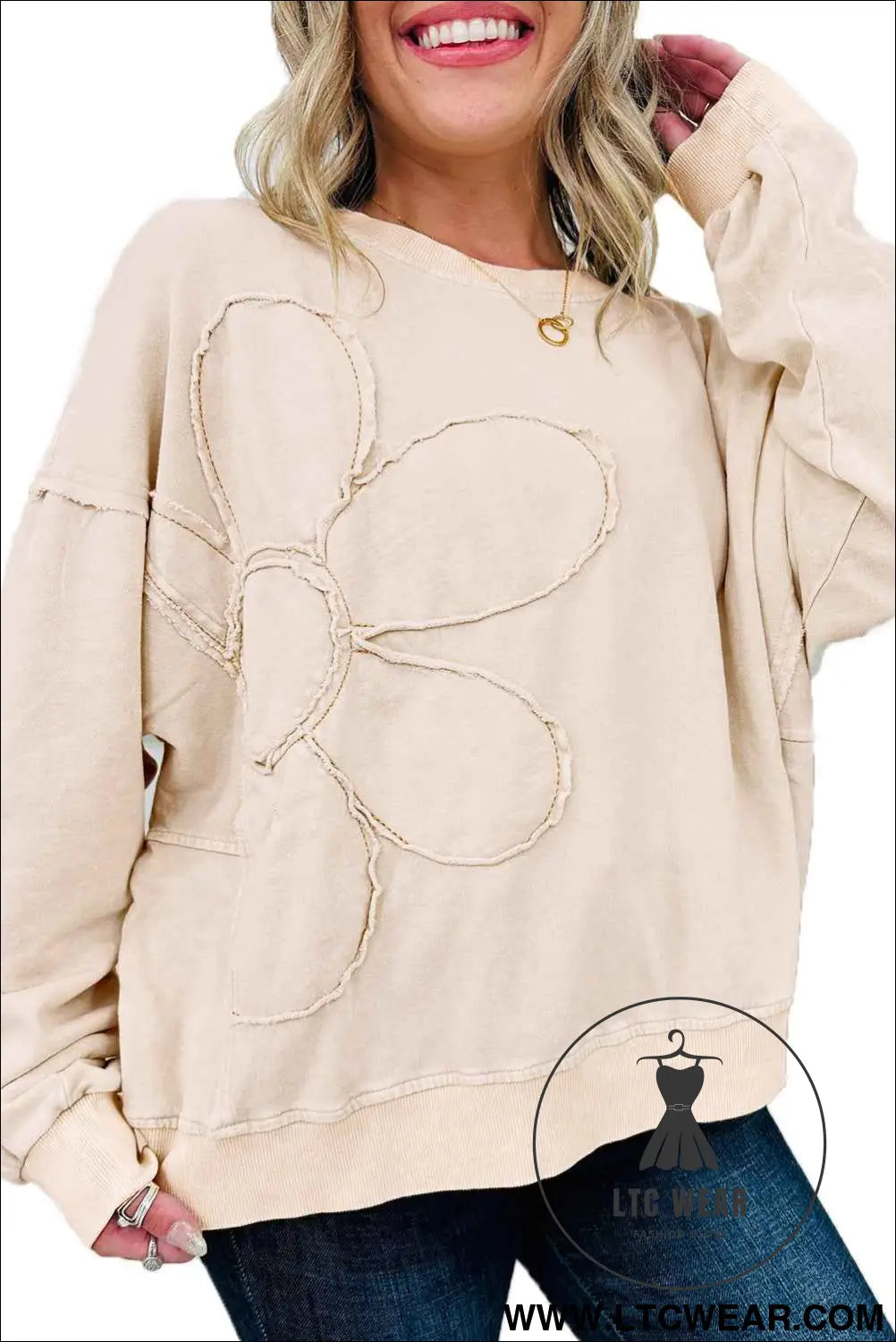 Beige Flower Pattern Round Neck Long Sleeve Plus Size Top