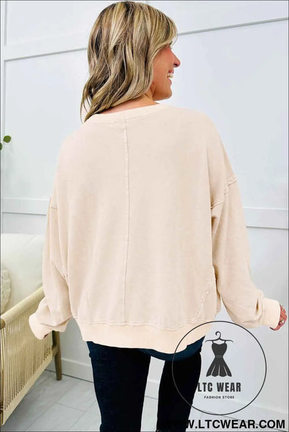 Beige Flower Pattern Round Neck Long Sleeve Plus Size Top