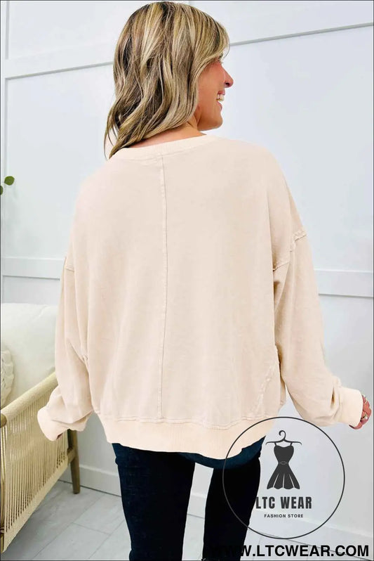 Beige Flower Pattern Round Neck Long Sleeve Plus Size Top