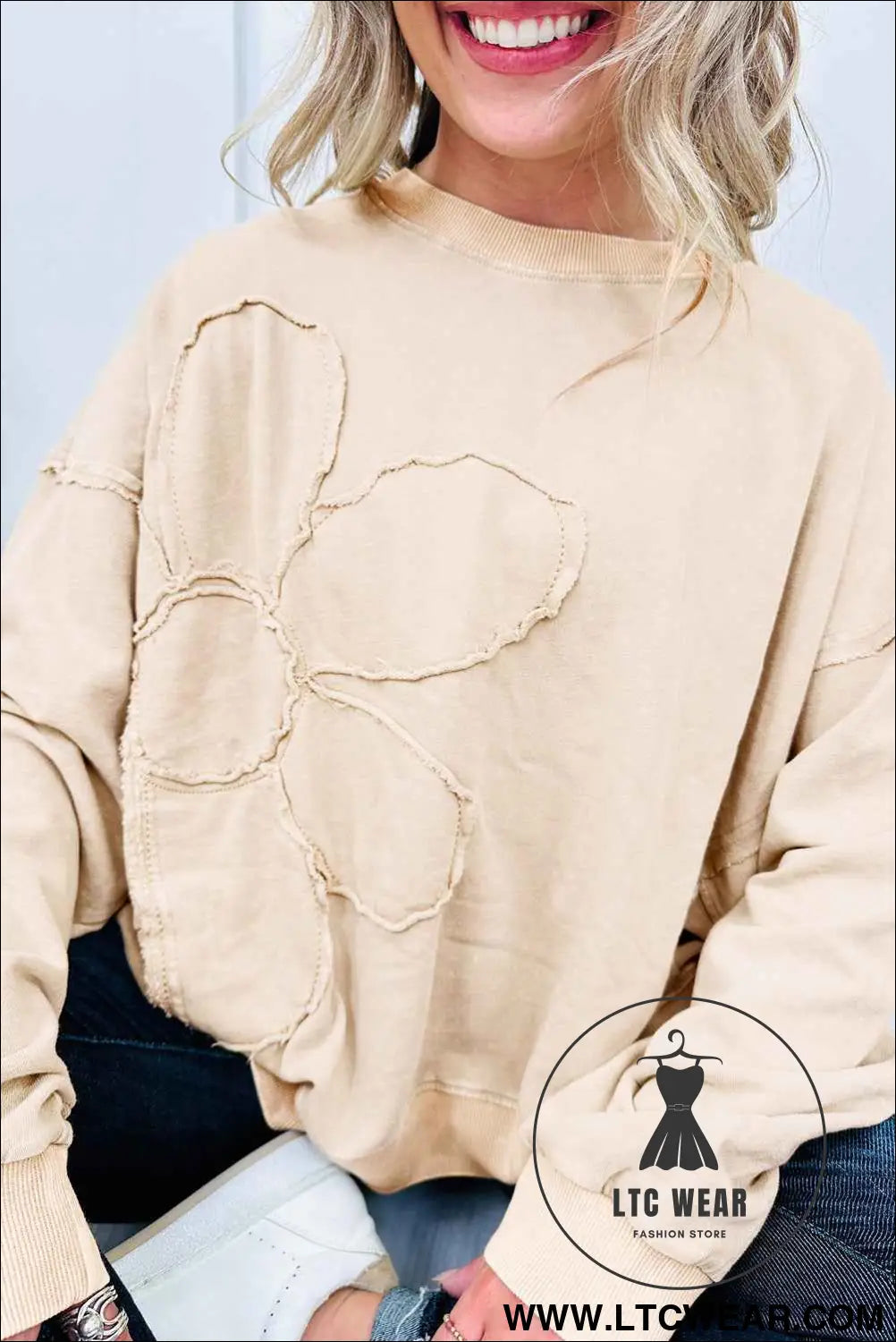 Beige Flower Pattern Round Neck Long Sleeve Plus Size Top