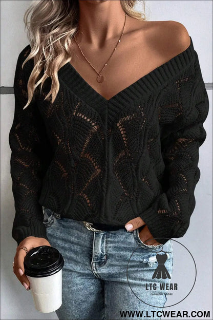 Beige Hollow Out Knit V Neck Drop Shoulder Sweater - L.T.C Wear Online Fashion Store