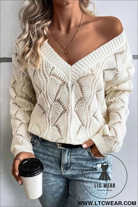 Beige Hollow Out Knit V Neck Drop Shoulder Sweater