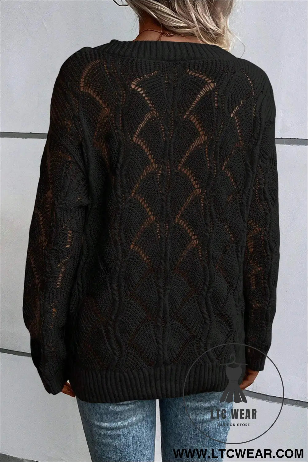 Beige Hollow Out Knit V Neck Drop Shoulder Sweater - L.T.C Wear Online Fashion Store