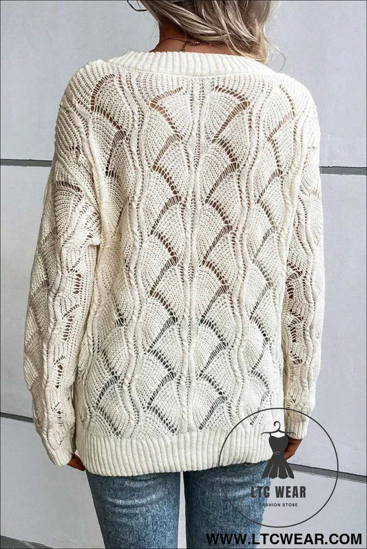 Beige Hollow Out Knit V Neck Drop Shoulder Sweater