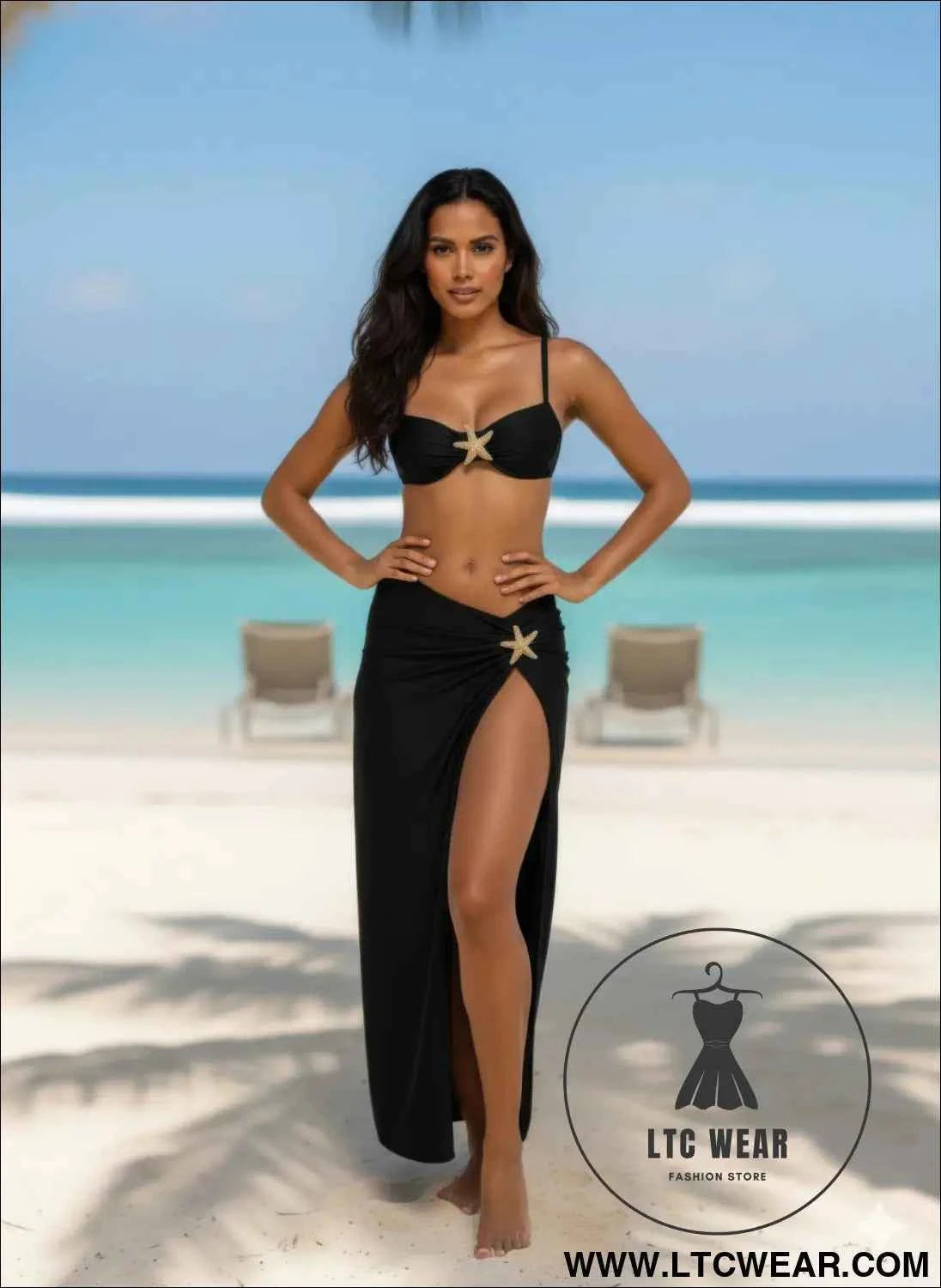 Beige Luxe Bikini Set - 3 Piece Maxi with Star Fish Design