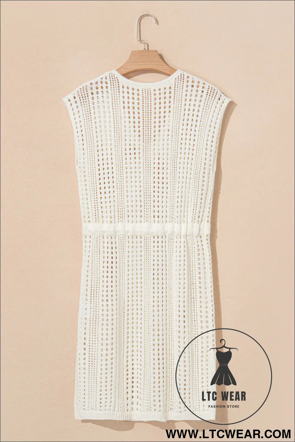Beige Open Knit Drawstring Waist Beach Dress - L.T.C Wear Online Fashion Store