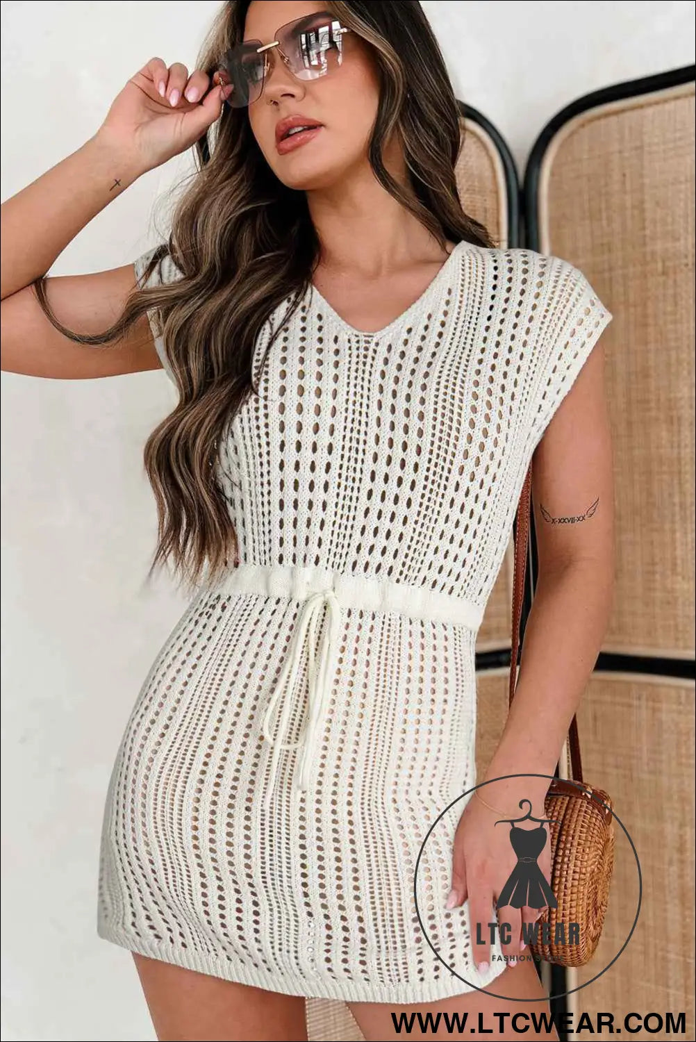 Beige Open Knit Drawstring Waist Beach Dress