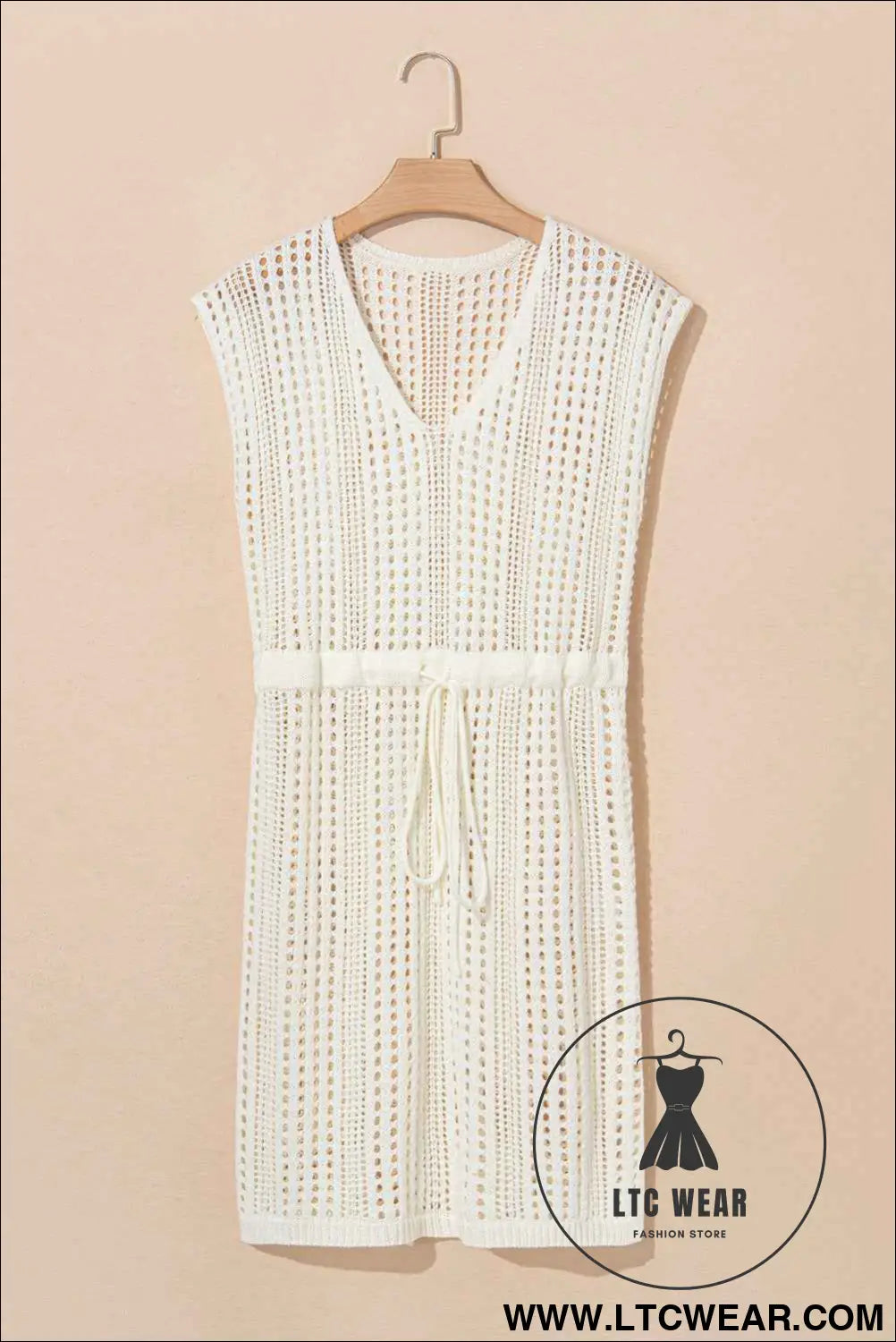 Beige Open Knit Drawstring Waist Beach Dress
