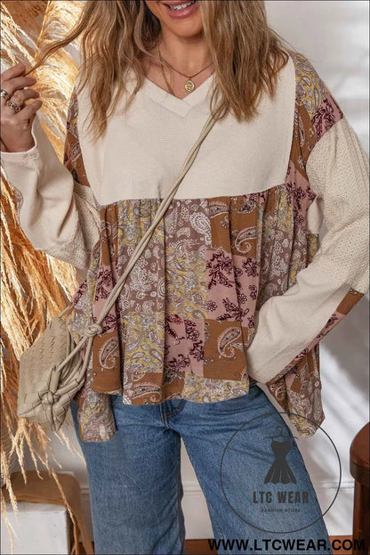 Beige Paisley Ethnic Print Waffle Patchwork Long Sleeve Loose Top