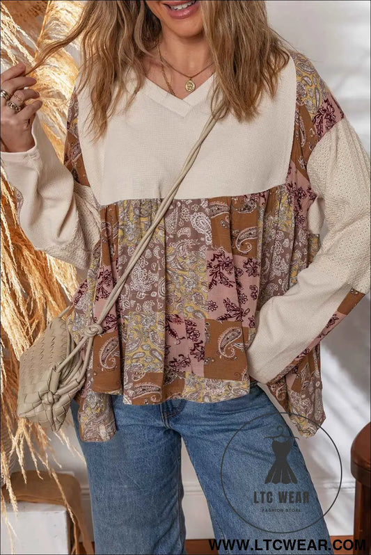 Beige Paisley Ethnic Print Waffle Patchwork Long Sleeve Loose Top