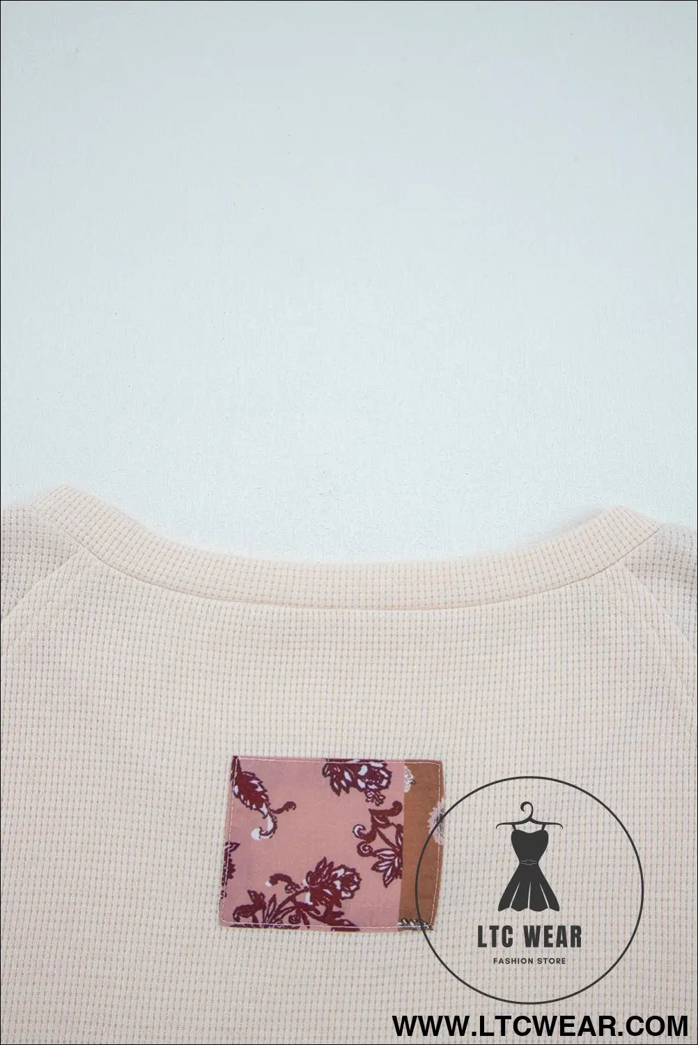 Beige Paisley Ethnic Print Waffle Patchwork Long Sleeve Loose Top - L.T.C Wear Online Fashion Store