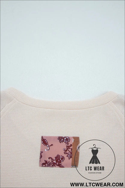 Beige Paisley Ethnic Print Waffle Patchwork Long Sleeve Loose Top - L.T.C Wear Online Fashion Store