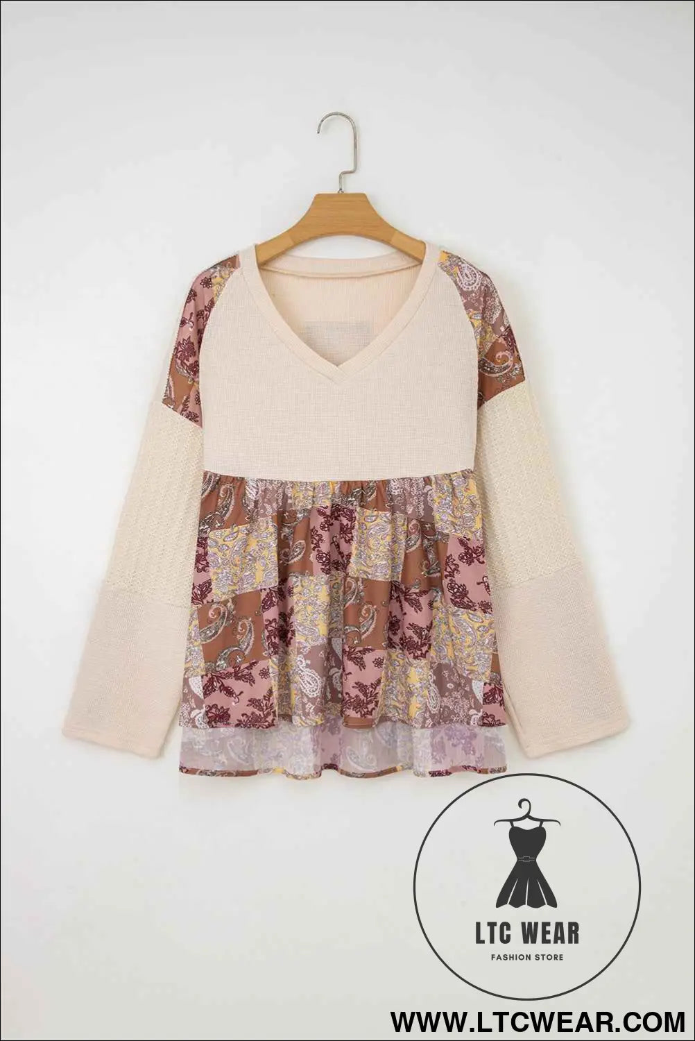 Beige Paisley Ethnic Print Waffle Patchwork Long Sleeve Loose Top