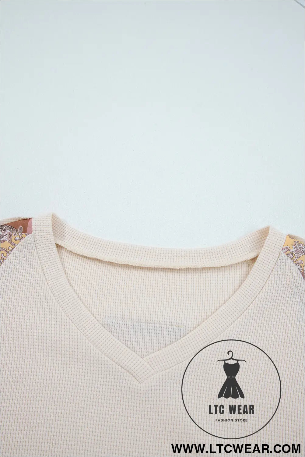 Beige Paisley Ethnic Print Waffle Patchwork Long Sleeve Loose Top - L.T.C Wear Online Fashion Store