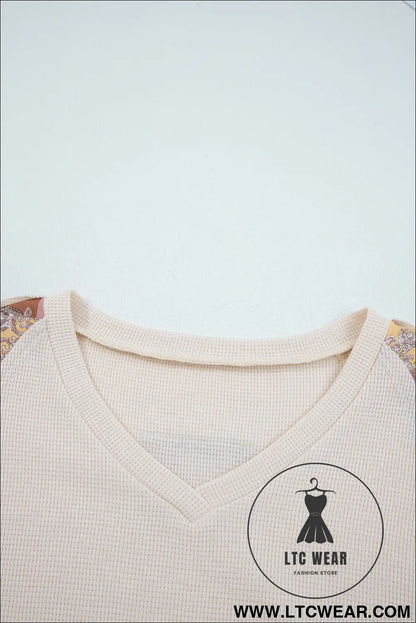 Beige Paisley Ethnic Print Waffle Patchwork Long Sleeve Loose Top - L.T.C Wear Online Fashion Store