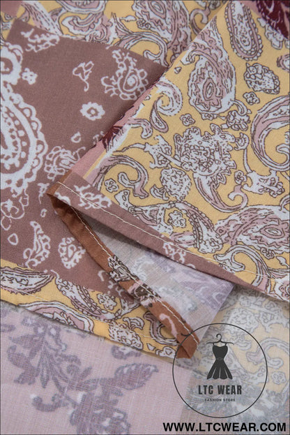 Beige Paisley Ethnic Print Waffle Patchwork Long Sleeve Loose Top - L.T.C Wear Online Fashion Store