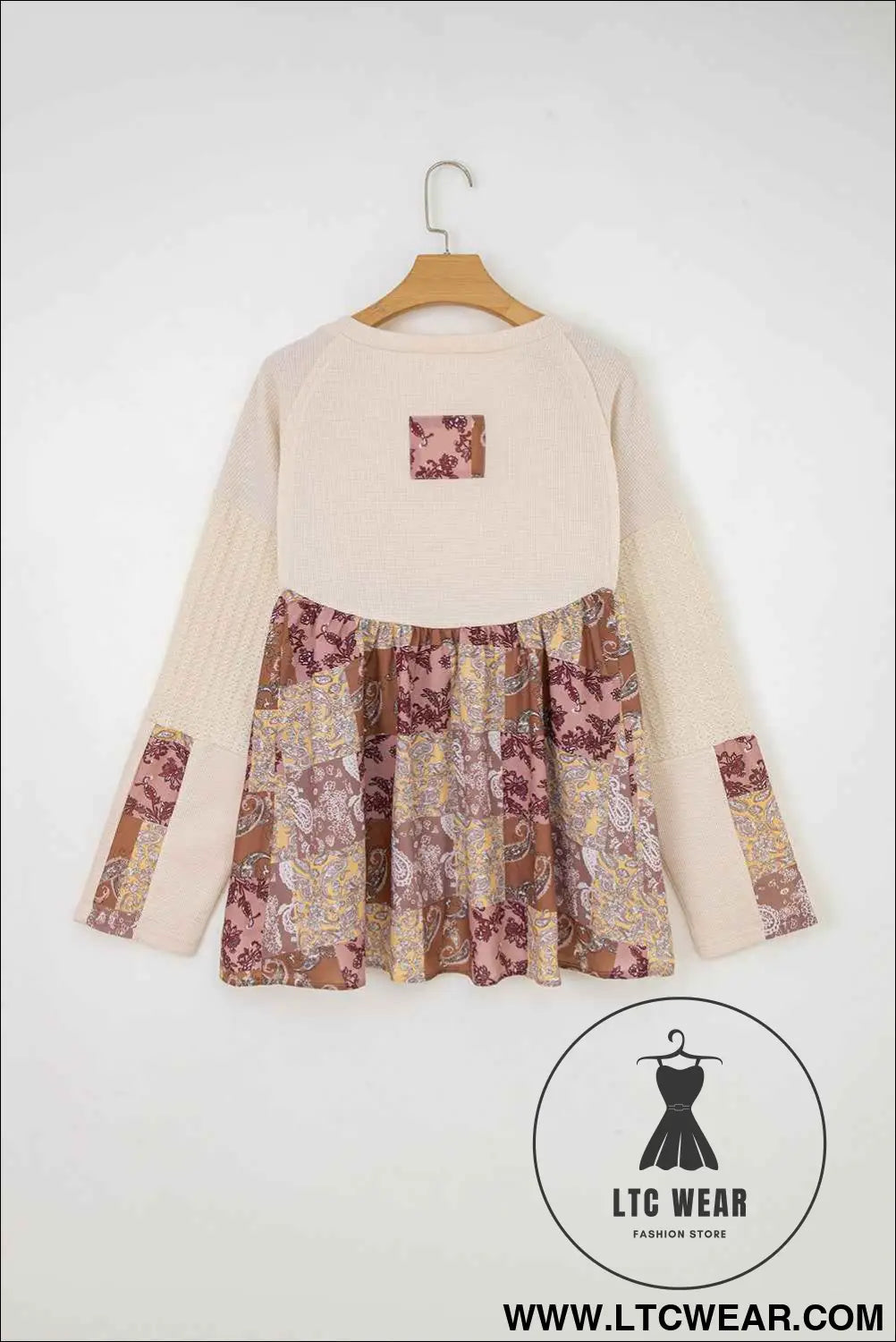 Beige Paisley Ethnic Print Waffle Patchwork Long Sleeve Loose Top