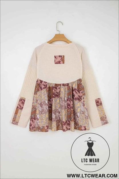 Beige Paisley Ethnic Print Waffle Patchwork Long Sleeve Loose Top