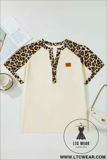 Beige Plus Size Leopard Contrast Patchwork Polo Tee