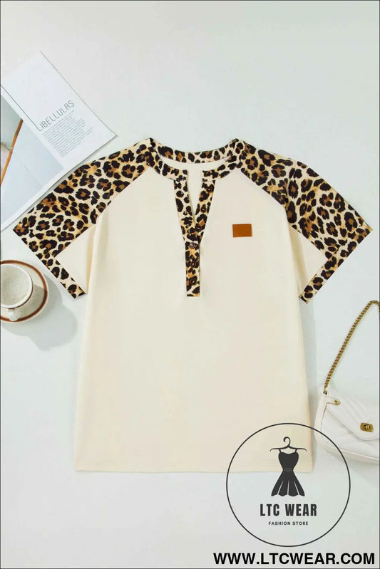 Beige Plus Size Leopard Contrast Patchwork Polo Tee