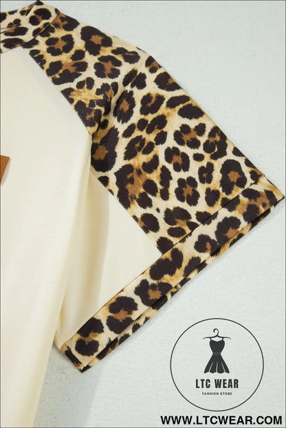 Beige Plus Size Leopard Contrast Patchwork Polo Tee - L.T.C Wear Online Fashion Store