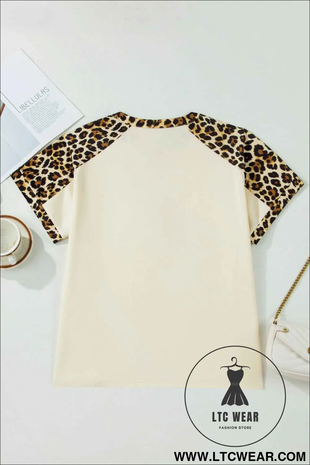 Beige Plus Size Leopard Contrast Patchwork Polo Tee