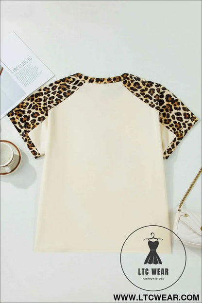 Beige Plus Size Leopard Contrast Patchwork Polo Tee