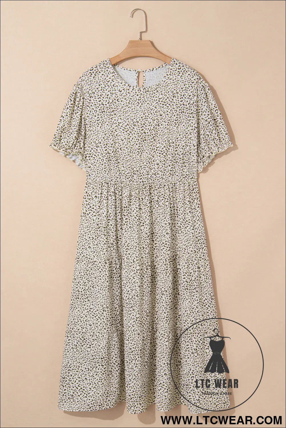 Beige plus size leopard print frill trim short sleeve flared dress - plus size dresses