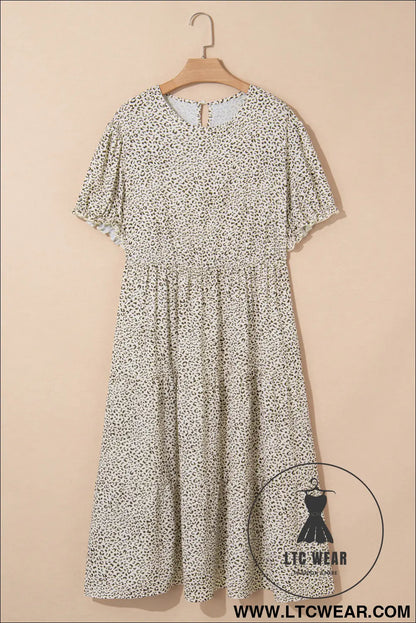 Beige plus size leopard print frill trim short sleeve flared dress - plus size dresses
