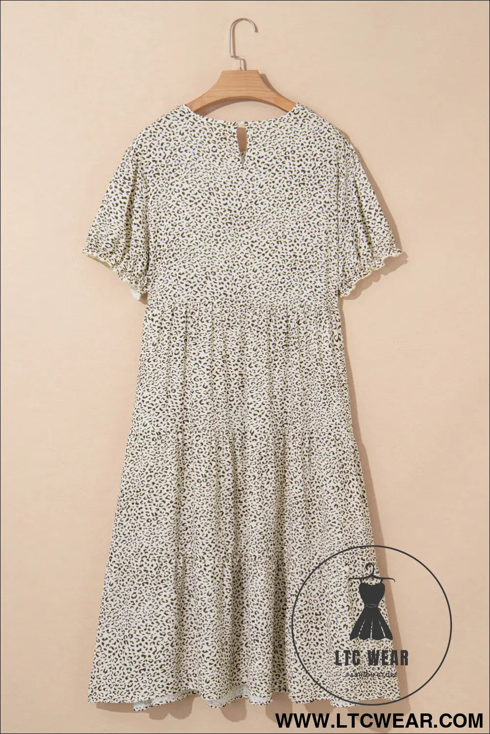 Beige plus size leopard print frill trim short sleeve flared dress - plus size dresses