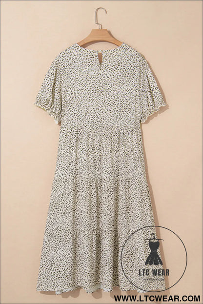Beige plus size leopard print frill trim short sleeve flared dress - plus size dresses