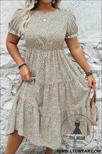 Beige plus size leopard print frill trim short sleeve flared dress - plus size dresses