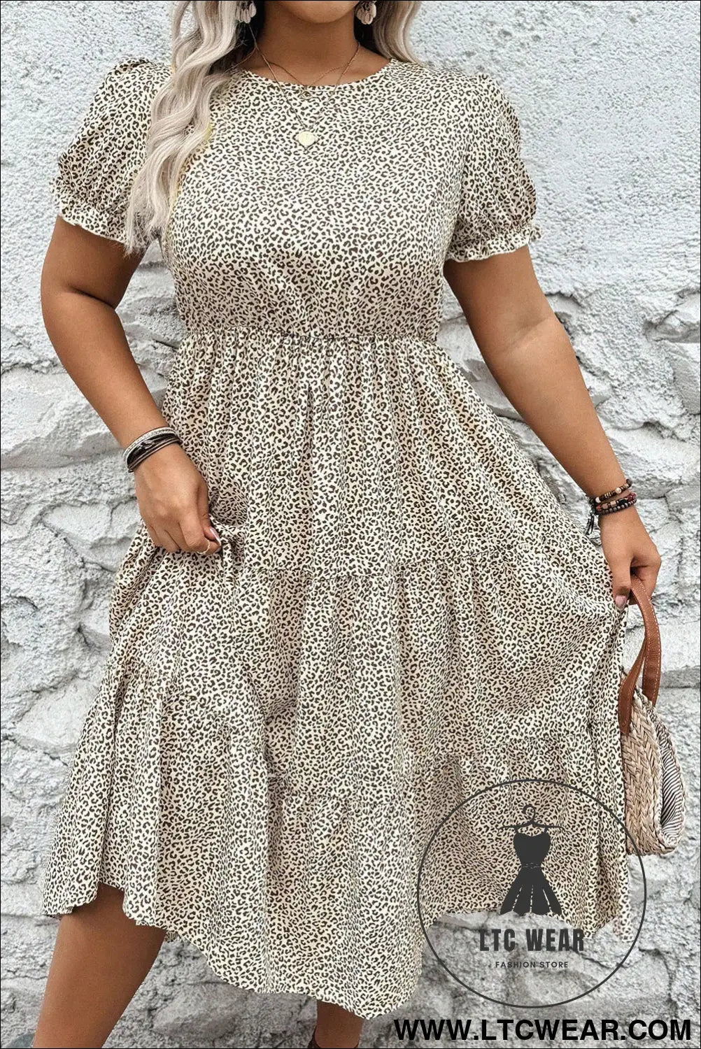 Beige plus size leopard print frill trim short sleeve flared dress - plus size dresses
