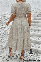 Beige plus size leopard print frill trim short sleeve flared dress - plus size dresses