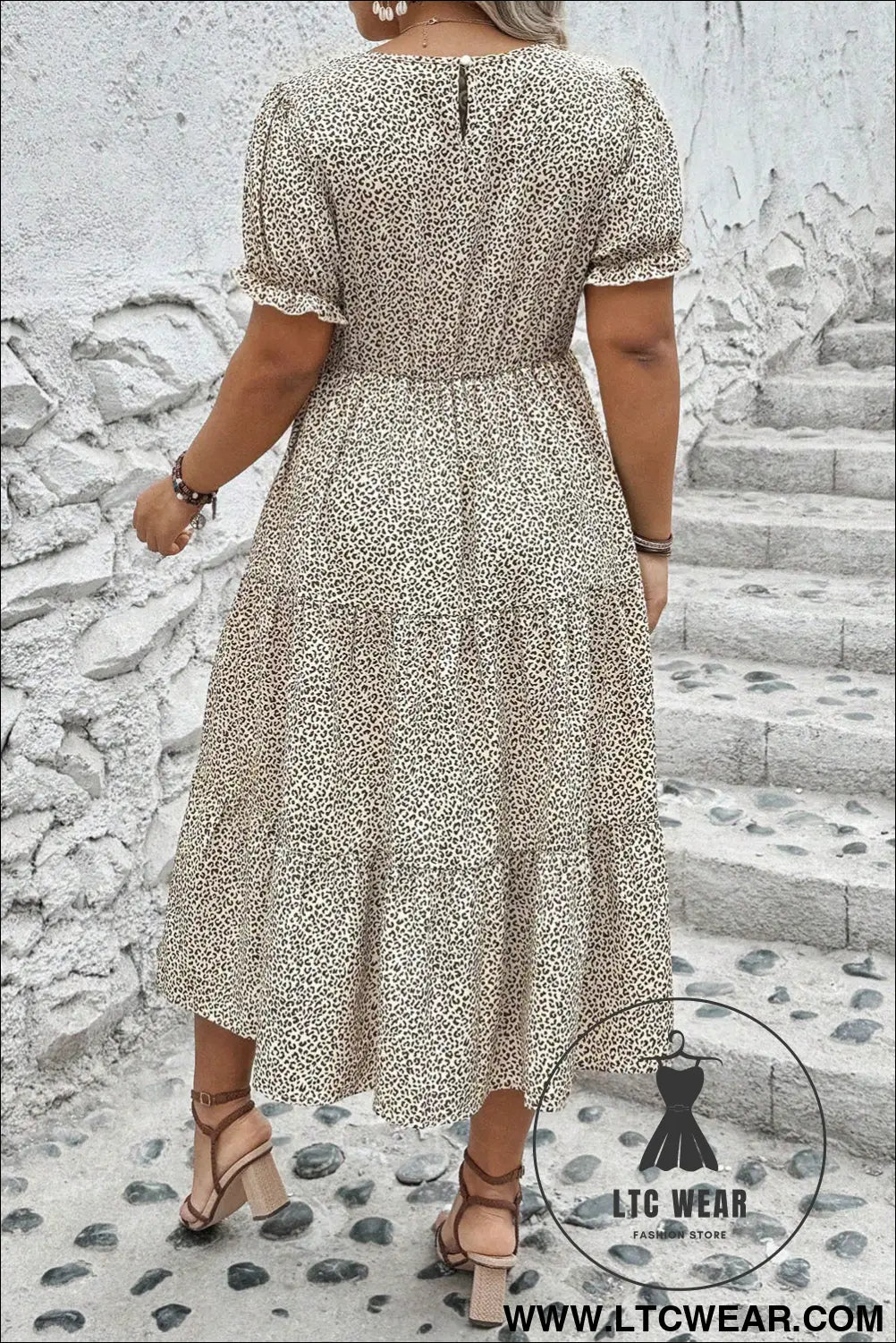 Beige plus size leopard print frill trim short sleeve flared dress - plus size dresses