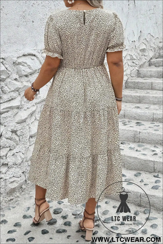 Beige plus size leopard print frill trim short sleeve flared dress - plus size dresses