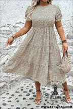 Beige plus size leopard print frill trim short sleeve flared dress - plus size dresses