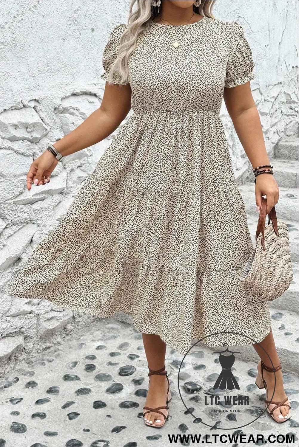 Beige plus size leopard print frill trim short sleeve flared dress - plus size dresses