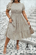 Beige plus size leopard print frill trim short sleeve flared dress - beige / 1x / 100% polyester - plus size dresses