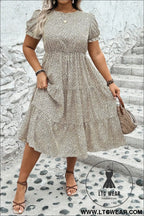 Beige plus size leopard print frill trim short sleeve flared dress - beige / 1x / 100% polyester - plus size dresses
