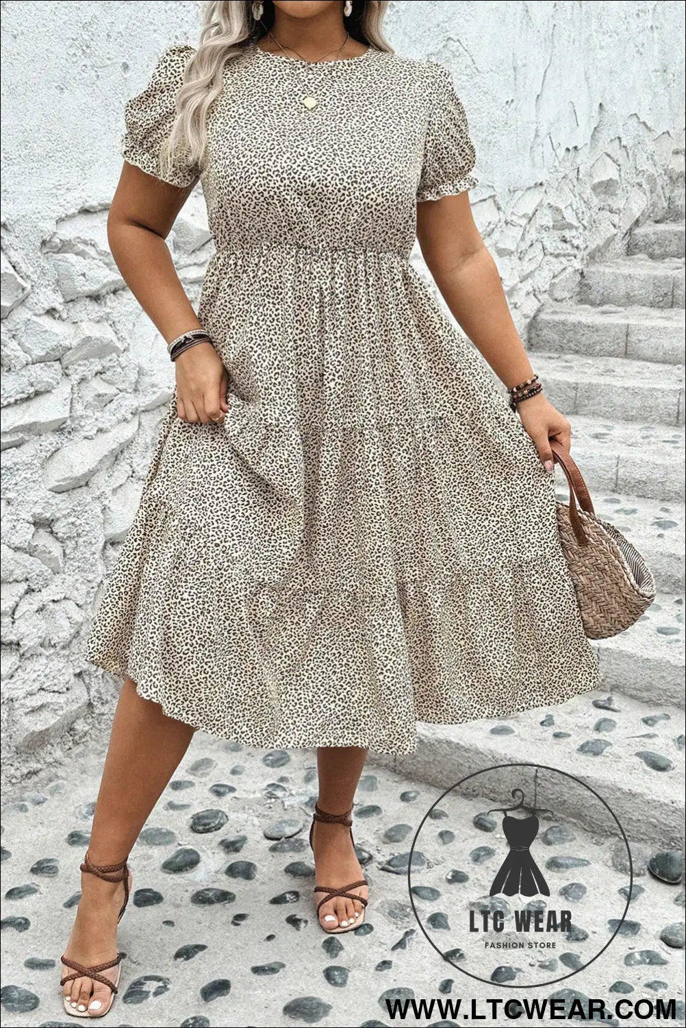 Beige plus size leopard print frill trim short sleeve flared dress - beige / 1x / 100% polyester - plus size dresses