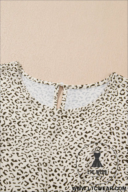 Beige plus size leopard print frill trim short sleeve flared dress - plus size dresses
