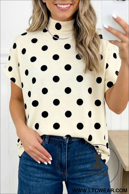 Beige Polka Dot Print High Neck Dolman Top