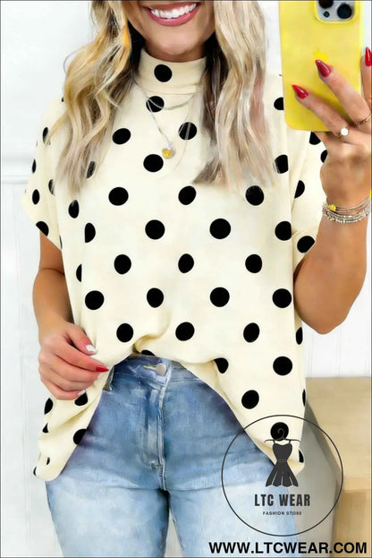 Beige Polka Dot Print High Neck Dolman Top