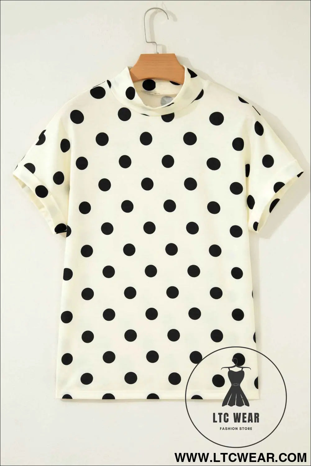 Beige Polka Dot Print High Neck Dolman Top